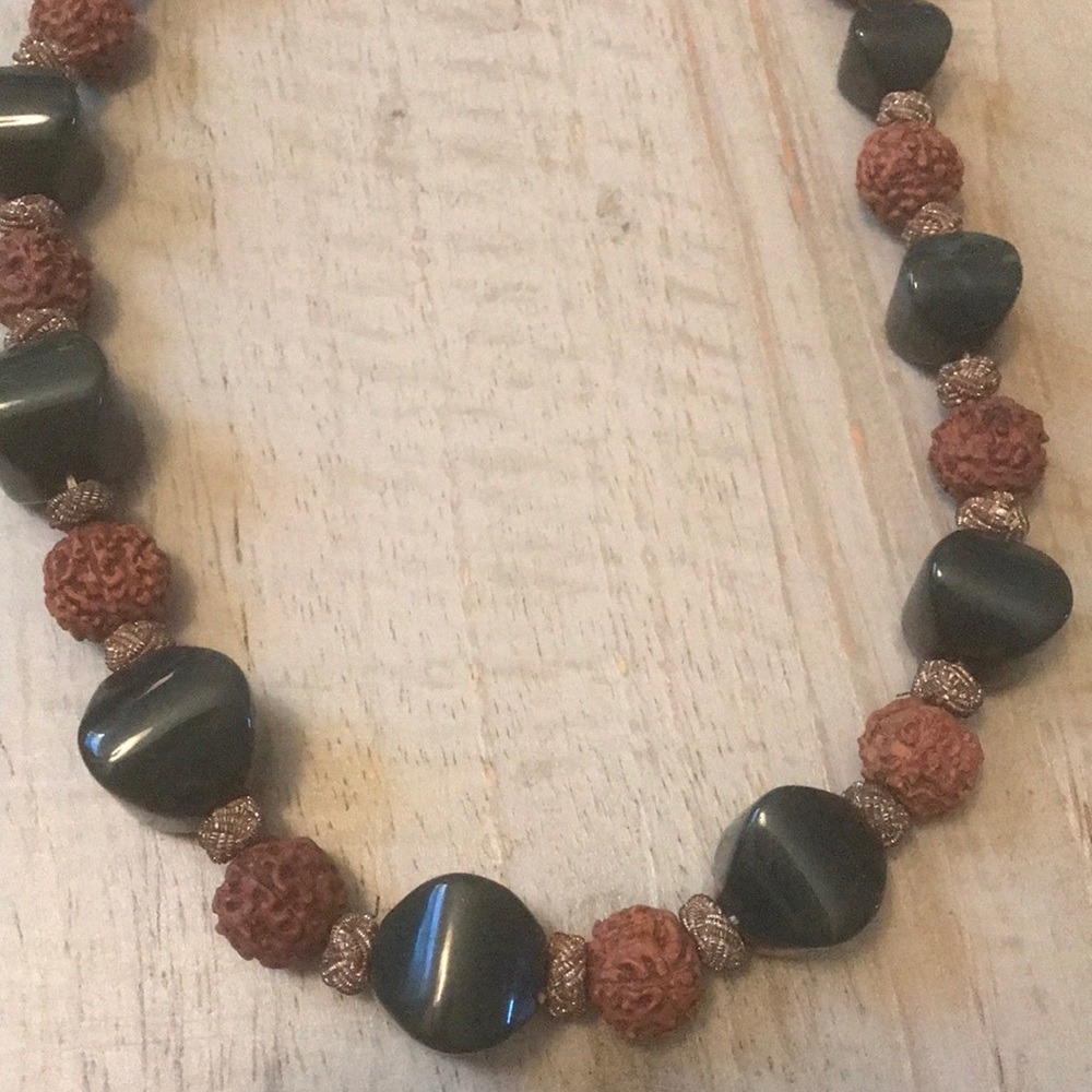 VTG Beaded Necklace Chunky Green/Brown Cute!